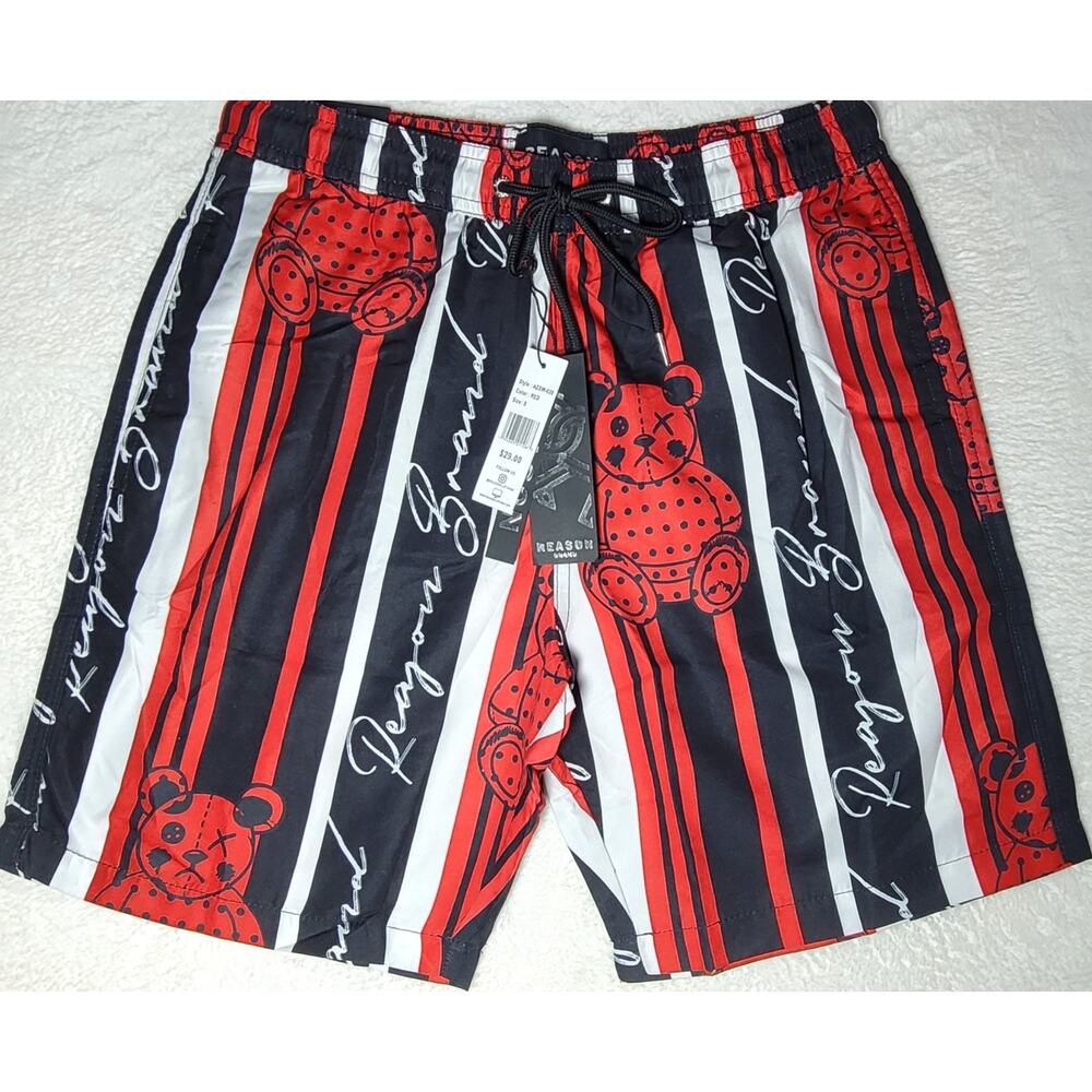 Reason Brand Patchwork Teddy Bear Swim Short Grunge Red Black White Men Sz S New